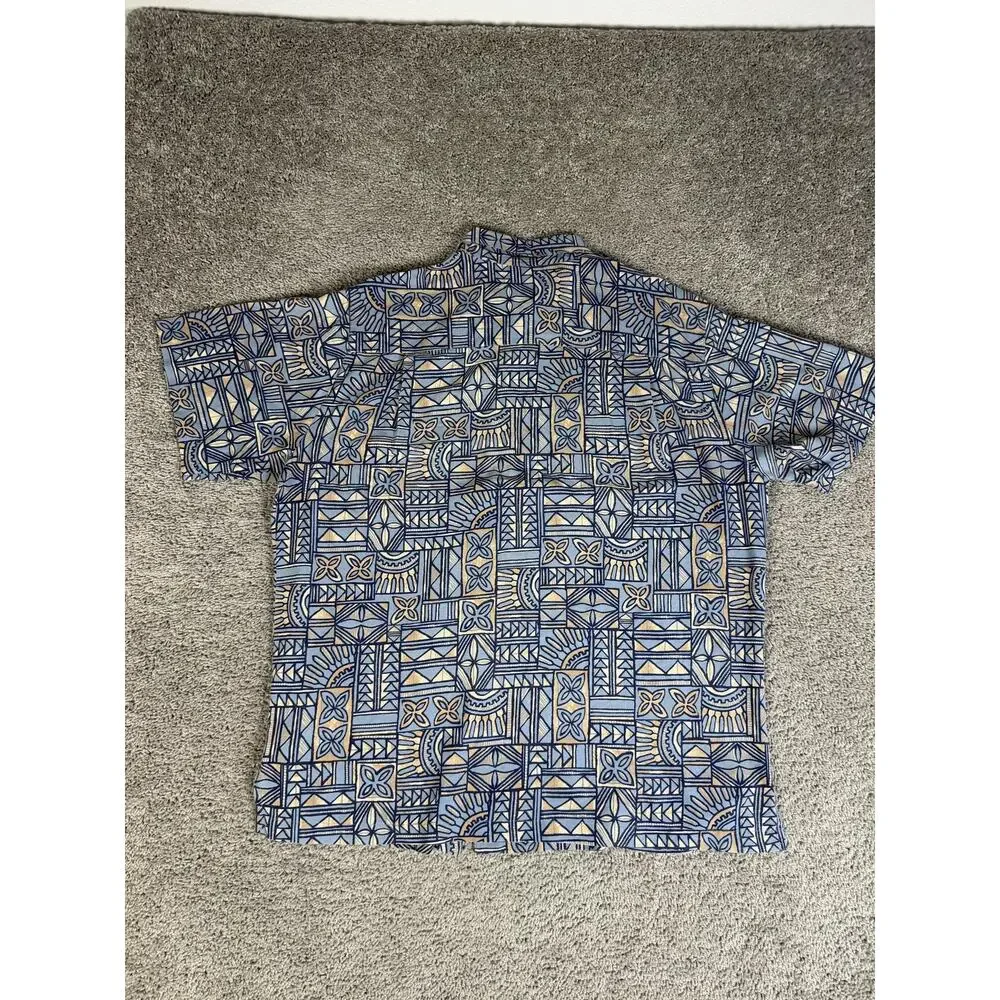 Weekender Shirt Mens 2XL Blue Geometric Short Sleeve Button Up Silk Cotton